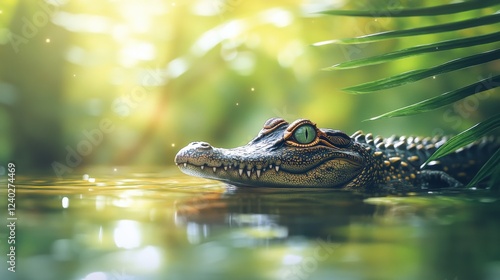 Cute orange frog sitting at the edge of a tranquil pond surrounded by lush gr...
