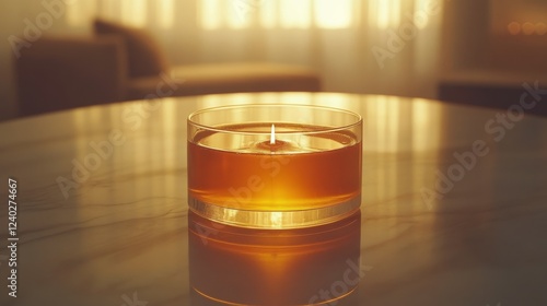 Honey in a jar with a wooden dipper surrounded by fresh green leaves on a bri...