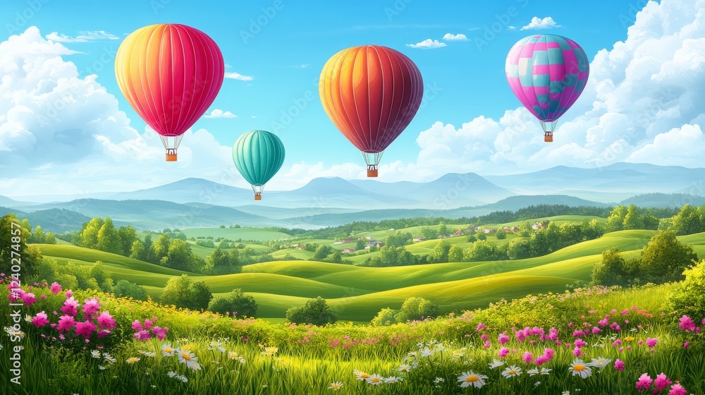 Fototapeta premium Colorful hot air balloons drifting over a vibrant flower-filled landscape at sunrise