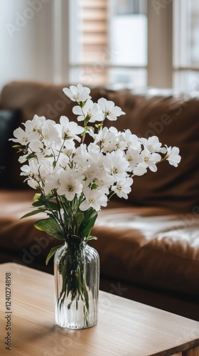 Elegant white flowers in a glass vase on a wooden table near a brown leather ...