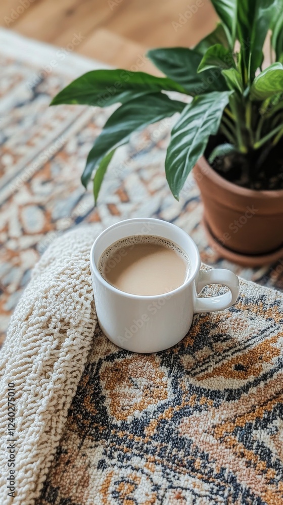 Warm cup of coffee resting on a colorful, patterned rug at home in the morning light Warm cup of coffee resting on a colorful, patterned rug at home in the morning light