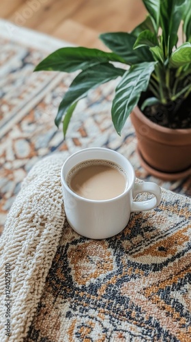 Warm cup of coffee resting on a colorful, patterned rug at home in the mornin...