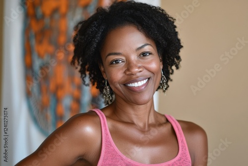 Smiling woman wearing a pink tank top in a bright indoor space surrounded by ...