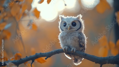 Adorable owl perched on a branch surrounded by autumn leaves in a serene fore...
