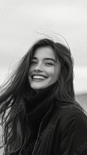 Joyful young woman smiling outdoors with wind-swept hair on a cloudy day