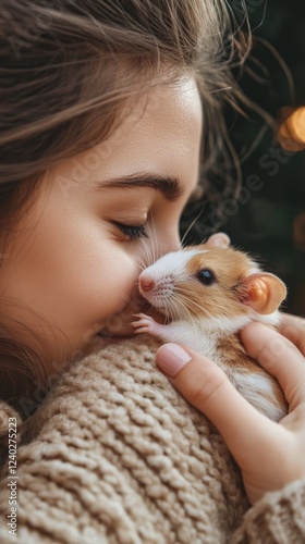 Young girl enjoying a tender moment with her pet hamster during a cozy indoor...