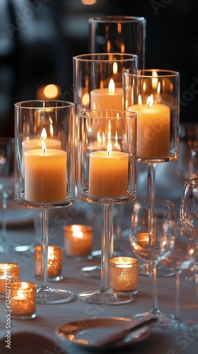 Elegant candlelight dinner setup with glasses and candles creating a warm atm...