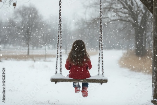 Child on swing in snowy landscape with falling snowflakes during winter after...
