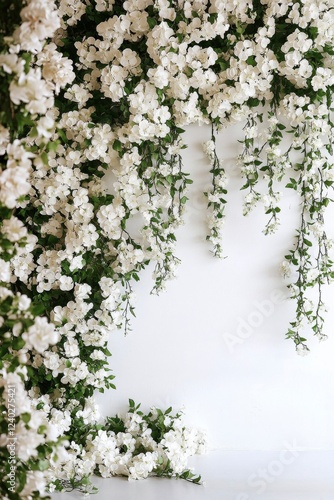 Elegant white floral backdrop with cascading greenery for events and celebrat...