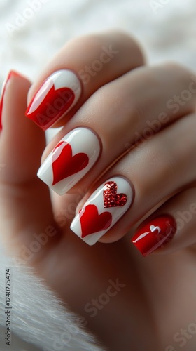Trendy red and beige heart nail design showcased on stylish hand in cozy setting