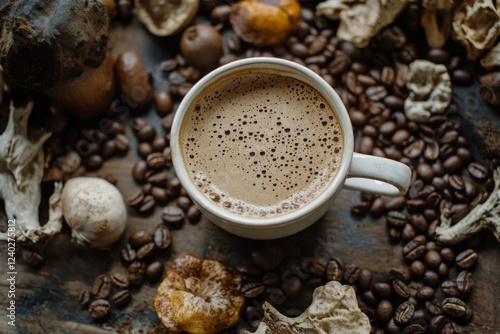 Warm cup of coffee beside roasted beans in a cozy indoor setting with natural...