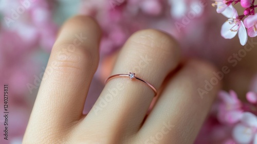 Beautiful pink engagement ring showcased among fresh flowers in soft sunlight