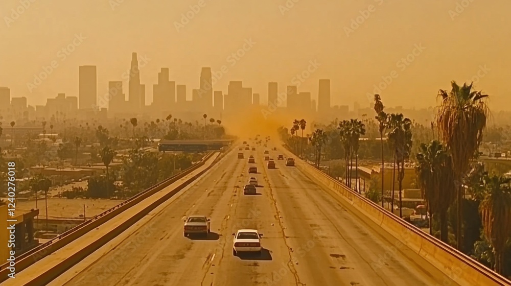 Fototapeta premium A highway surrounded by hazy, dust-filled air, with cars driving through the pollution.