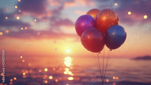 Colorful balloons floating against a vibrant sunset sky creating a festive at...