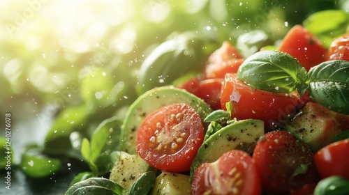 Fresh garden salad featuring cherry tomatoes, avocados, and basil in natural ...