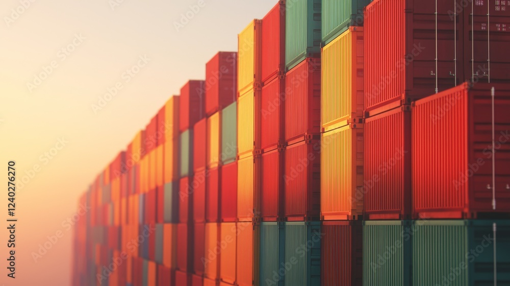 Fototapeta premium Colorful shipping containers stacked on a dock during sunset, creating a vibrant industrial landscape in soft lighting