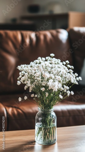 Elegant white flowers in a glass vase on a wooden table near a brown leather ...