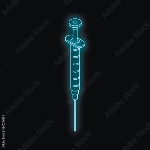 Neon medical syringe glowing on dark background, representing healthcare, vaccination and medicine
