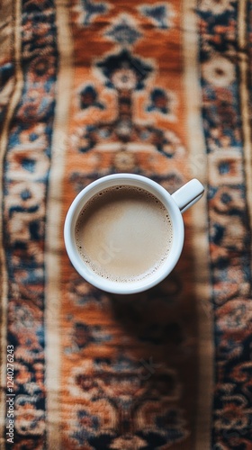 Warm cup of coffee resting on a colorful, patterned rug at home in the mornin...
