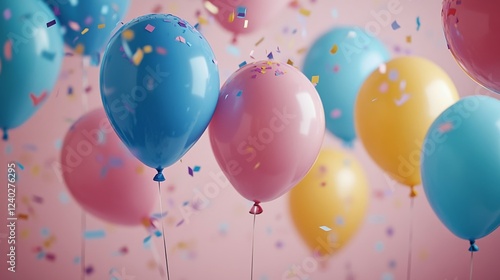 Colorful balloons and confetti celebration in a festive atmosphere