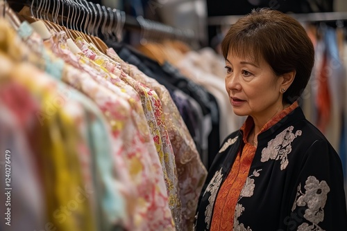 Woman exploring a vintage clothing rack filled with colorful dresses in a bou...