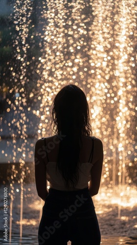 Woman enjoying water fountains in a city plaza during evening