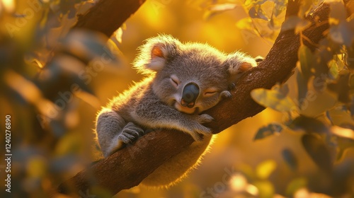 Koala resting peacefully on a branch during a golden hour in a serene forest ...