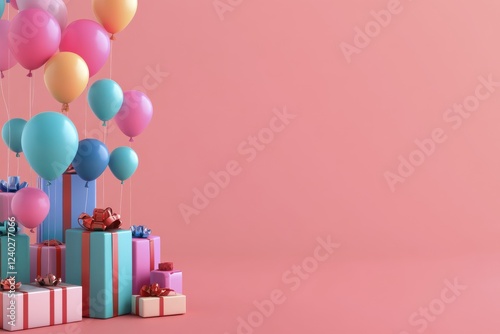 Colorful balloons and gifts create a festive atmosphere for a celebration or ...