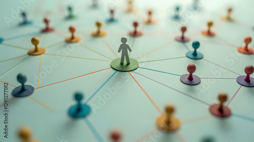Illustration of human figure at center of network with colorful pins representing connection and collaboration in creative workspace setting