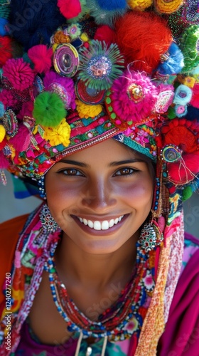 Colorful traditional attire and joyful expression captured in a vibrant cultu...