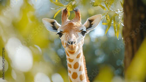 Giraffe gazes through green foliage in a vibrant wildlife setting during dayl...