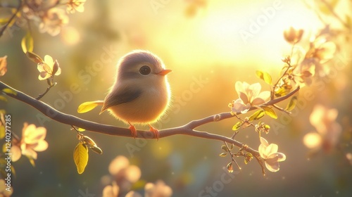 Bird perched on branch during golden hour with sunlight filtering through aut...