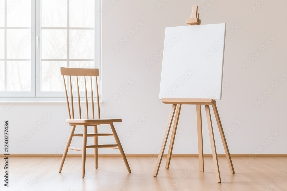 Minimalist art studio interior with a blank canvas on an easel and a wooden chair, bright daylight streaming through a window. Creative space concept. Minimalist art studio interior with a blank canvas on an easel and a wooden chair, bright daylight streaming through a window. Creative space concept.