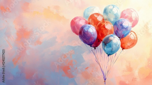 Colorful balloons float against a pastel abstract background for a festive ce...