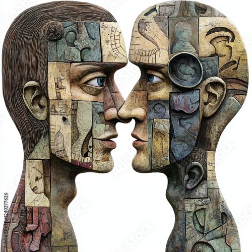 Intricate Art Piece Depicting Two Faces Merging with Abstract Patterns and Textures Signifying Connection and Emotion