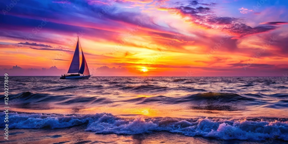 Fototapeta premium Serene sailboat navigating tranquil ocean waters at sunset, vibrant colors reflecting on waves, peaceful seascape