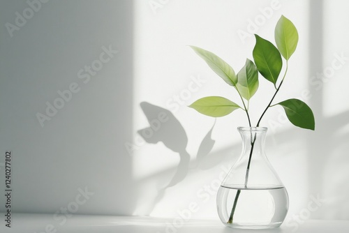 Fresh green leaves in a glass vase casting gentle shadows in soft light