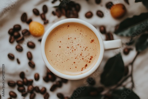 Warm cup of coffee beside roasted beans in a cozy indoor setting with natural...