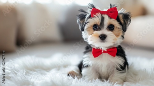 Cute small dog with red bow tie sitting on fluffy rug indoors in bright livin...