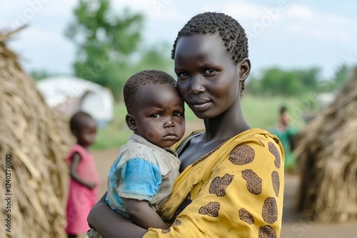 Woman holds child while smiling warmly in an outdoor setting with rustic back...