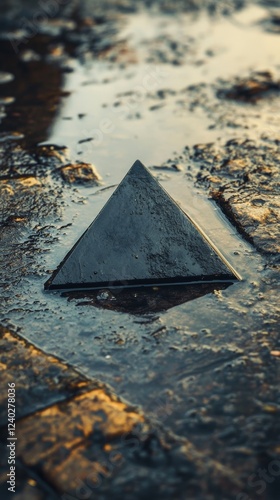 Black pyramid in shallow water surrounded by wet stone on a cloudy day