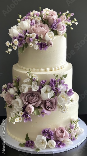 Elegant floral three-tier wedding cake decorated with lavender and white blos...