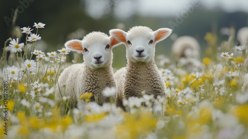 Two playful lambs among colorful wildflowers in a sunny meadow