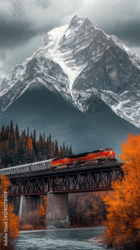 Scenic train journey through autumn forest with snow-capped mountains in back...