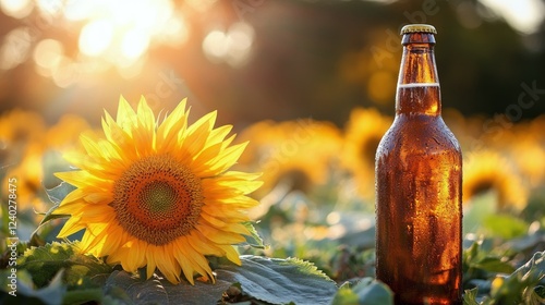 Sunflower bloom beside a beer bottle in a garden at sunset