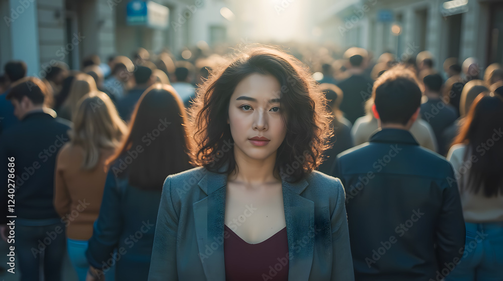 Obraz premium A Confident Young Woman Stands Out in a Crowded Street Scene with Urban Vibe and Warm Lighting at Dusk or Dawn