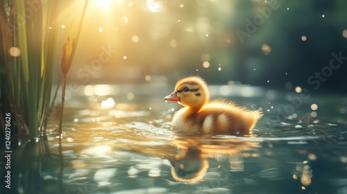 Baby duckling swimming in a serene pond at sunset with gentle sunlight shinin...
