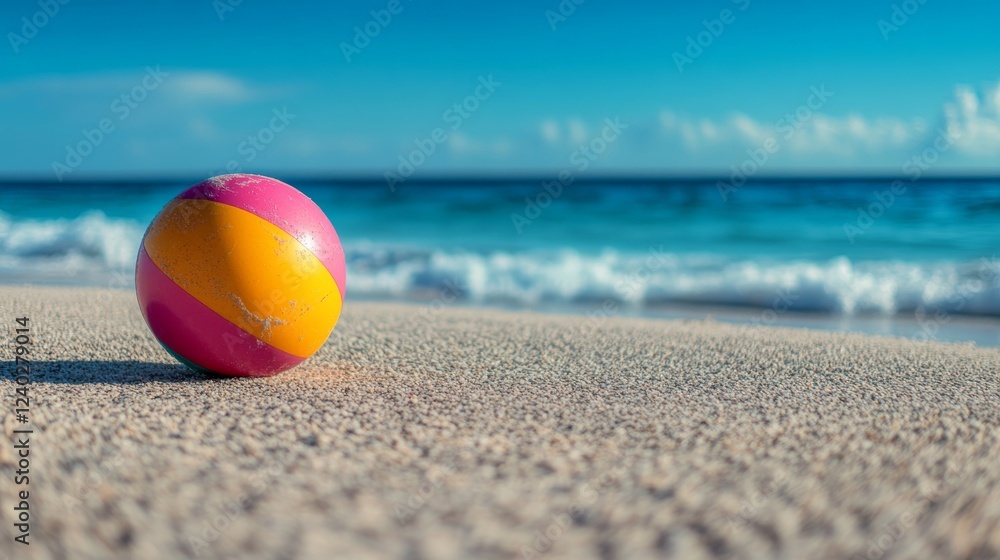Obraz premium Bright beach ball resting on sandy shore with ocean waves and clouds in the background