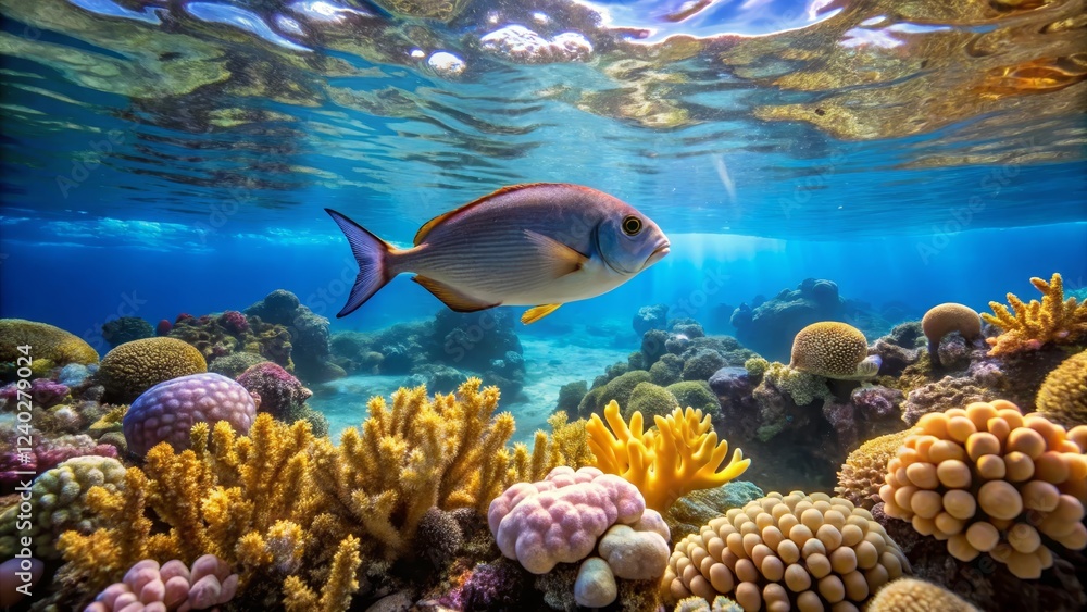 Fototapeta premium Vibrant Underwater Scene with Colorful Corals and Tropical Fish
