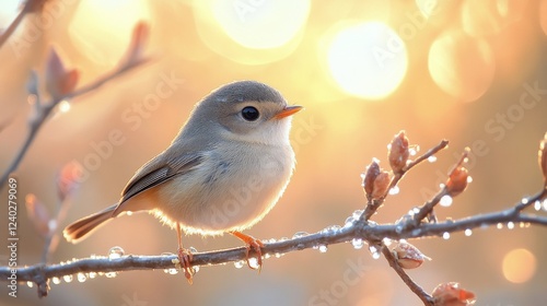 Small bird perched on a branch with sparkling dew in a soft golden light at dawn